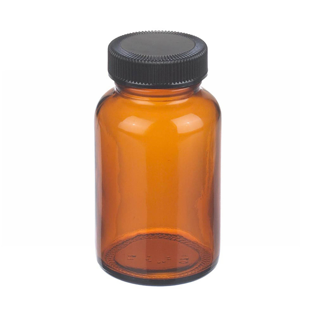 Amber Wide Mouth Packer Glass Bottles with Black Phenolic Caps