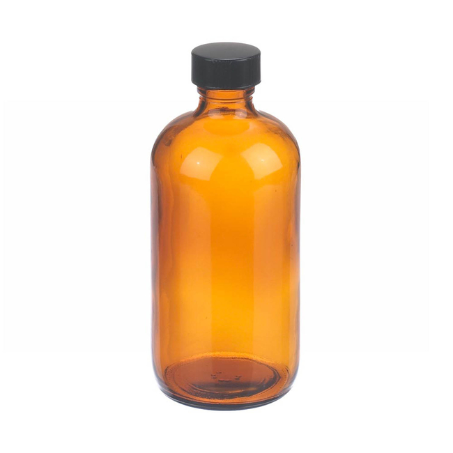 Amber Boston Round Glass Bottles with Black Phenolic Caps